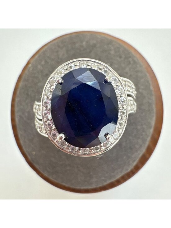 Synthetic Sapphire Prong Set Statement Ring VTG Solid Sterling Silver 925 Size 7